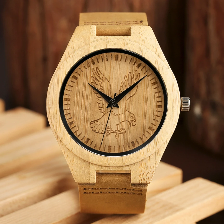 Unique Engraving Dial Wood Clock Fashion Eagle Horse Wooden Watches Quartz Wristwatch Men Genuine Leather Gift Relogio Masculino (7)