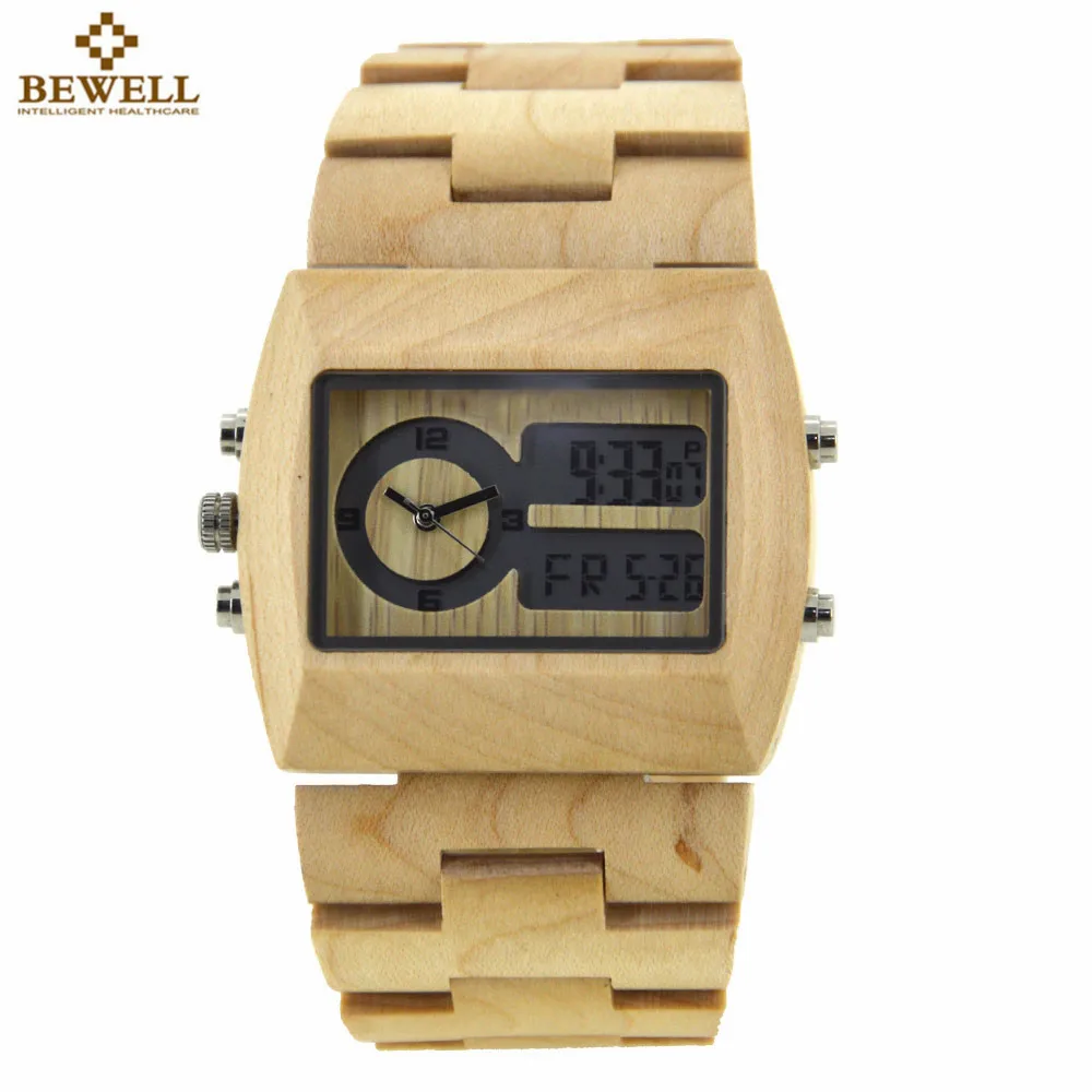 

BEWELL Natural Wood Watch Men Quartz Watches Dual Time Zone Wooden Wristwatch Rectangle Dial Relogio LED Digital Watch Box 021A