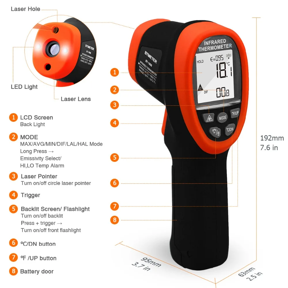 BTMETER BT 1800 инфракрасный термометр с высокой температурой ИК ручной пистолет