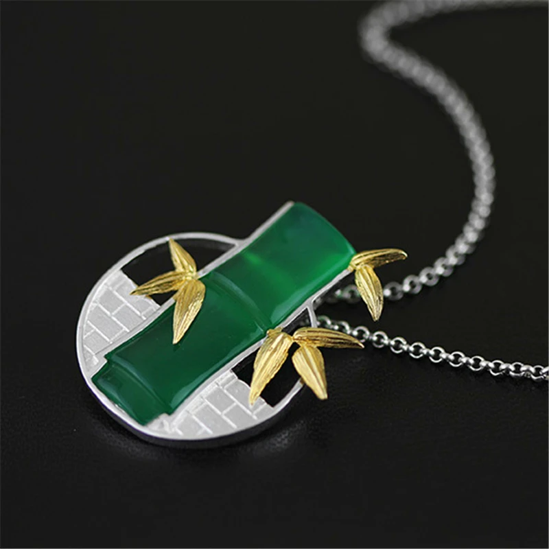 Lotus Fun Brand 925 Sterling Silver Pendant for Women Green Chalcedony Bamboo with Leaf Wall Pendant without Chain Fine Jewelry