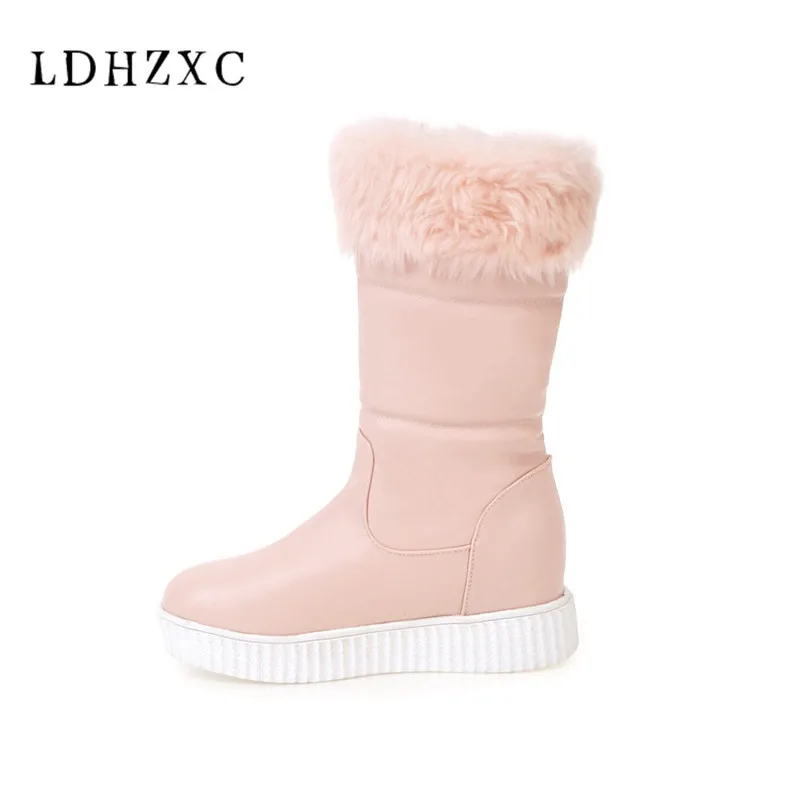 

LDHZXC 2019 new Women Mid Calf Boots Pu Leather Fashion Winter Snow Boots Platform Round Toe flat Heel Women Boots big size 12