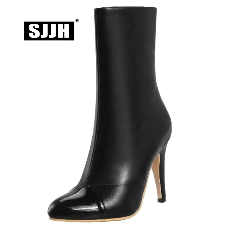 SJJH Women Stiletto Chelsea Boots with Point Toe Zip Patchwork Short Plush Mid-Calf Boots Fashion Formal Shoes Large Size A953