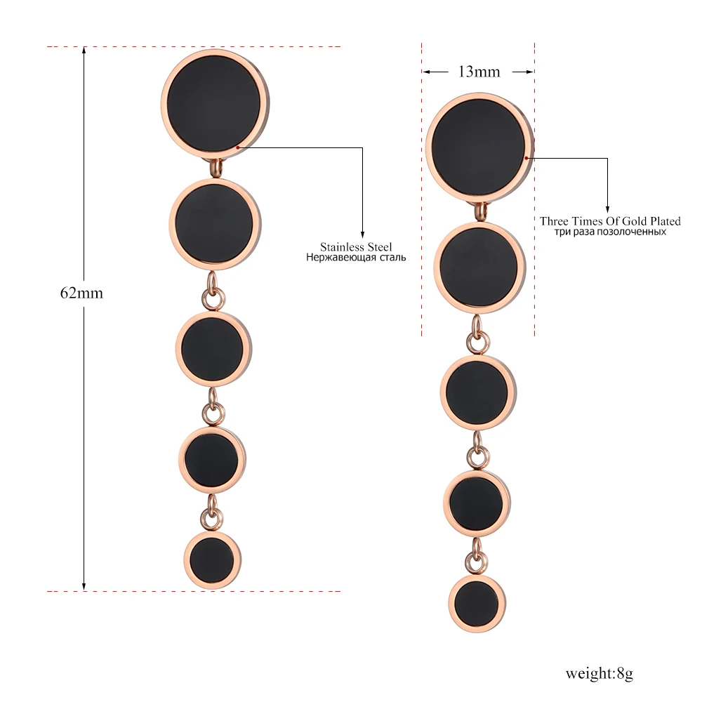 JeeMango, серьги из нержавеющей стали, раздельные, 5 черных дисков, серьги-гвоздики, розовое золото, цвет, ювелирные изделия для женщин, подарок JE18449