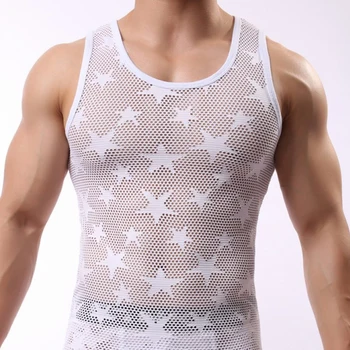 

Plus Size Lingerie Men Gauze Transparent Star Summer Top Tank Shirt Men Bodysuit Exotic Tanks Spandex Breathable Sleepwear MEN