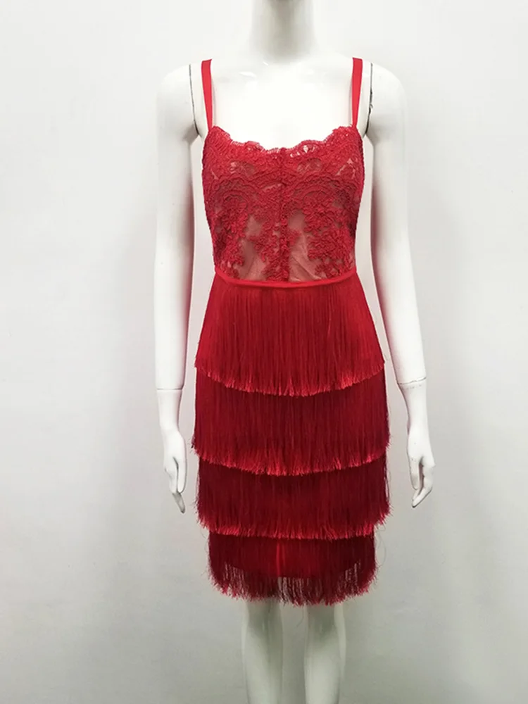 Элегантное кружевное Каскадное платье с кисточками Femme мини облегающее платье для женщин без рукавов Spagahetti на бретелях с открытой спиной Бандажное вечернее платье - Цвет: Красный