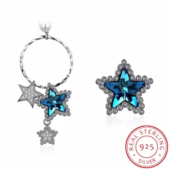 

Women Asymmetrical Sterling Silver 925 Stud Earrings Crystals From Swarovski Stars Earrings S925 Hoop Dangle Stud Lady Earrings
