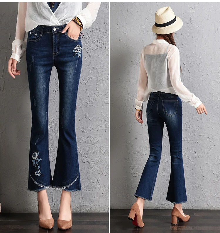 Винтажные Брюки-клеш длиной до щиколотки с цветочной вышивкой для студентов, новая мода, обычные женские облегающие джинсовые штаны женские джинсы