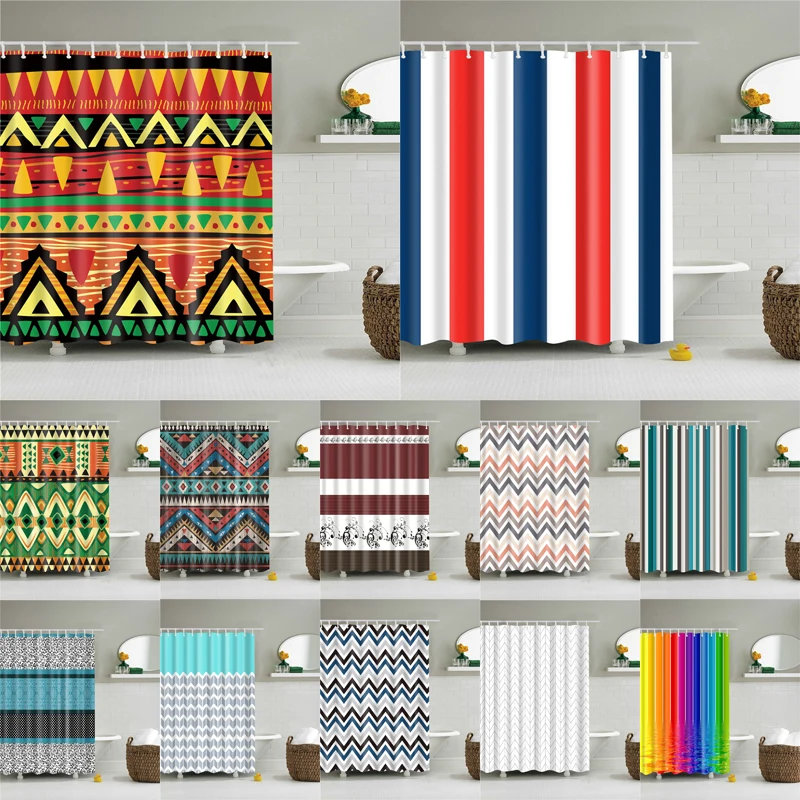 

high quality striped bath screen curtain with 12 hooks polyester fabric african shower curtain in the bathroom home decor