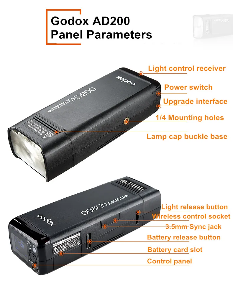 Godox AD200 200Ws 2,4G ttl вспышка стробоскоп 1/8000 HSS с аккумулятором 2900 мАч и голой лампочкой/Вспышка Speedlite для камеры Nikon sony