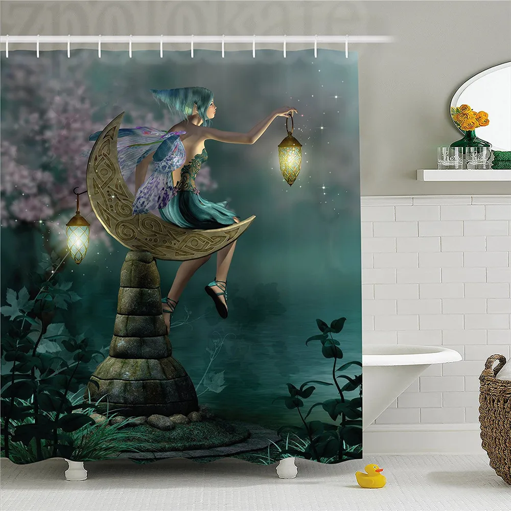 Fantasy Shower Curtain Little Pixie with Lantern Sitting on Moon Stone Fairytale Myth Kitsch Artwork Fabric Bathroom Decor Set | Дом и сад