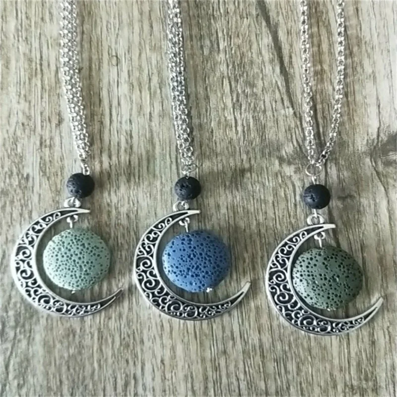 

9 Colors Round Lava Stone Essential Oil Diffuser Necklace Aromatherapy Jewelry Minimalist Lava Rock Stone Moon Necklace