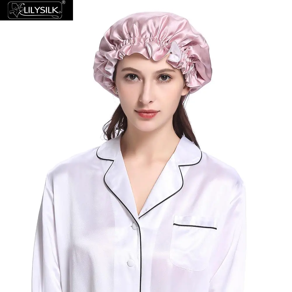 Lilysilk Double Silk Night Sleep Cap Luxury Women Hat Accessories Lady - Цвет: Rosy Pink and Ivory