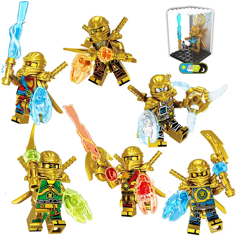 

6 IN 1 Gold Ninjagoed Action Figures Building Blocks Compatible LegoINGLYS Weapon Model Bricks Kids Toys With Crystal Box