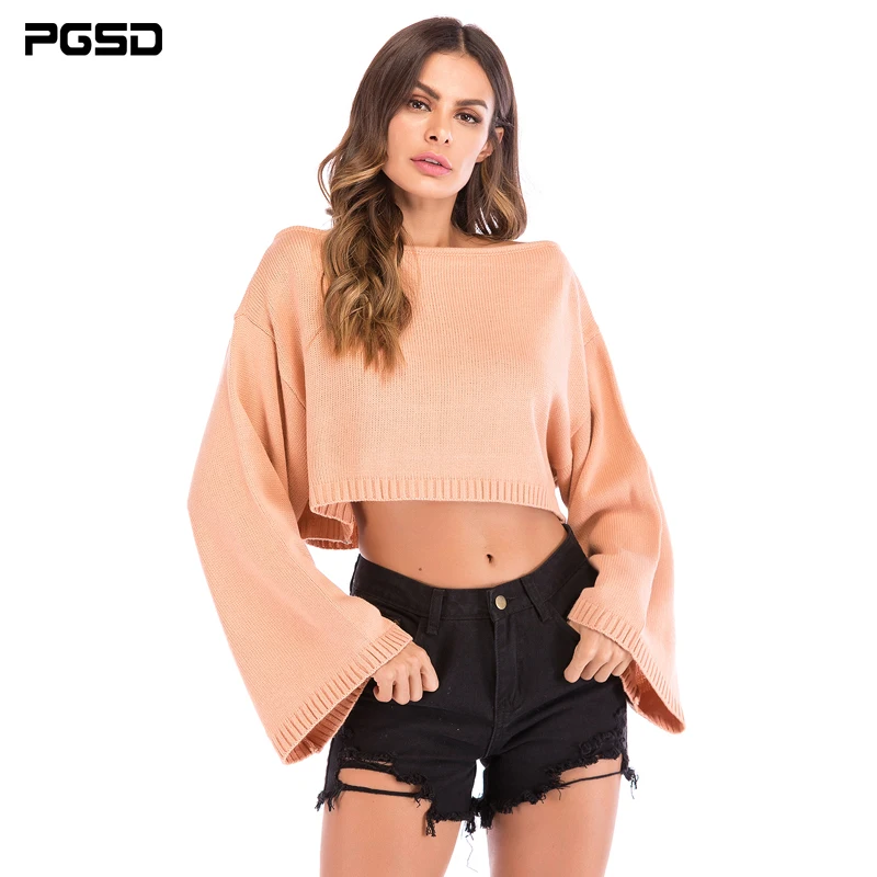 

PGSD Autumn Simple Fashion Solid Women Clothes pagoda sleeve Navel exposed boat neck loose short Pullover Knitted sweater female