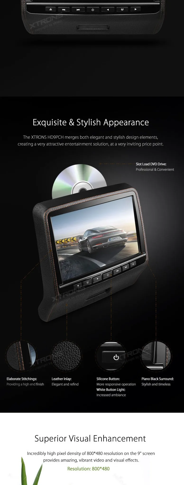 Perfect XTRONS 9 inch HD Digital TFT Screen Leather slim Styled Car Headrest DVD Player with HDMI Port car stereo 1