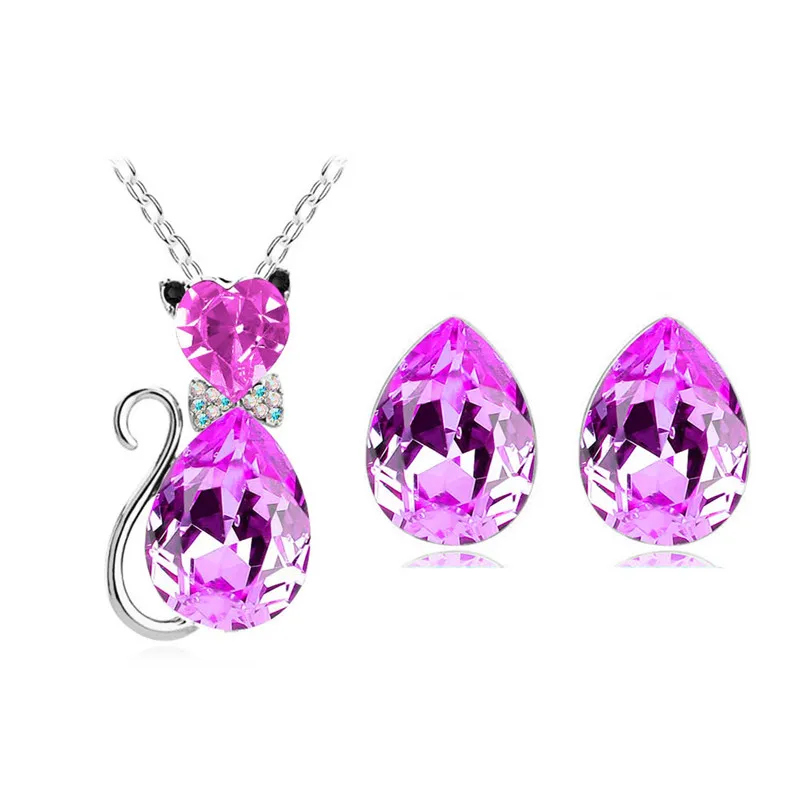 Мода Золотой Цвет австрийский кристалл подвеска в виде кошки кулон ожерелье серьги Свадебные Ювелирные наборы 84575 - Окраска металла: rose