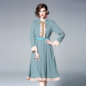 

2019 Spring / Summer New Lotus Leaf Color Matching Chiffon Dress Fashion Retro 50s60s Stand Collar Long Sleeve Women Party Dress