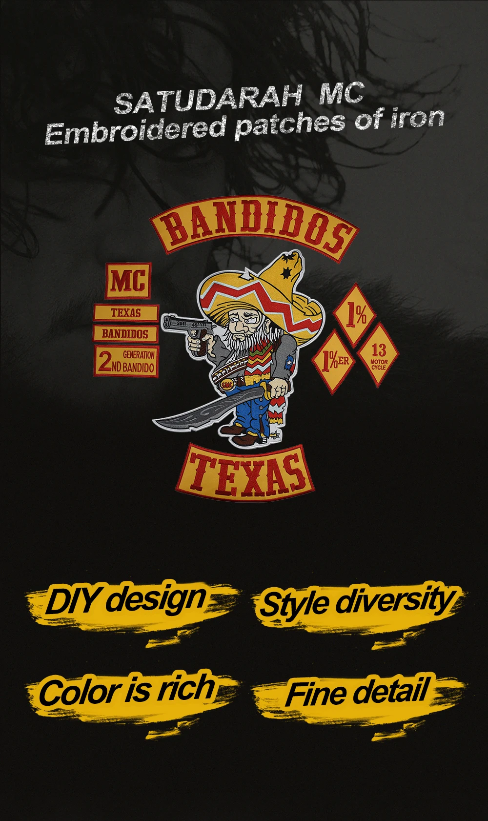 Bandidos байкеры рокер патчи Mc Мотоцикл Байкер Техасская куртка набор патчей вышитый Железный на спине жилет Клуб Эмблема Железный на