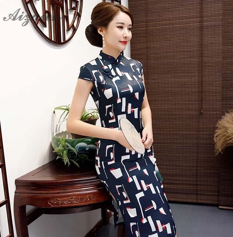 Impresión Cheongsam с длинными рукавами moderna madre Qipao vestidos Восточный trajes de las mujeres vestido Чино tradicional vestido negro