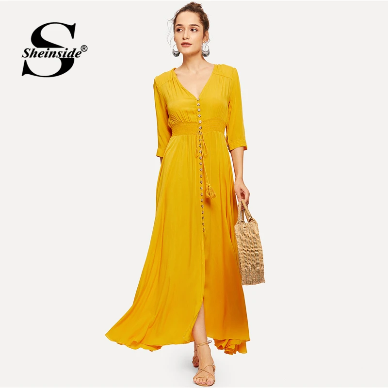 Goede Sheinside Plain V hals Geel A lijn Elegante Maxi Jurk Button Up Half Mouwen Gesmokt Taille Kwastje Gebonden Vrouwen Lange Jurken