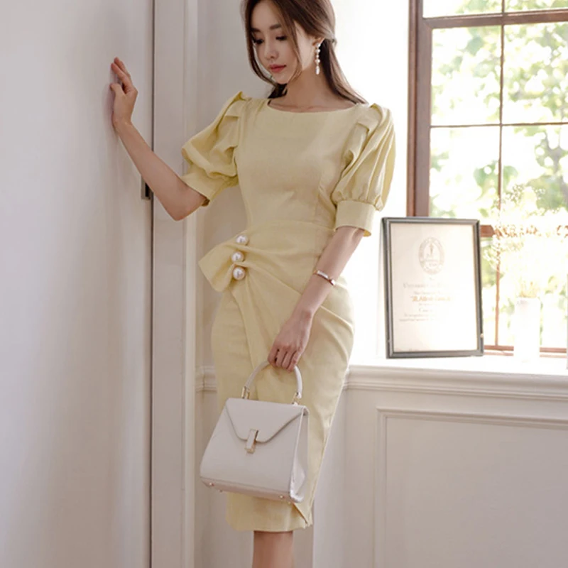 H Han queen летнее однотонное платье-карандаш для женщин с рюшами и жемчугом облегающее платье OL повседневное элегантное платье