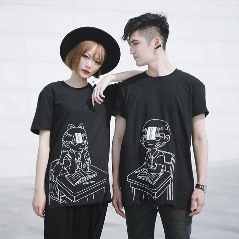 Harajuku/классная свободная черная футболка с принтом для мальчиков и девочек Летняя хлопковая Футболка Модные повседневные футболки с короткими рукавами