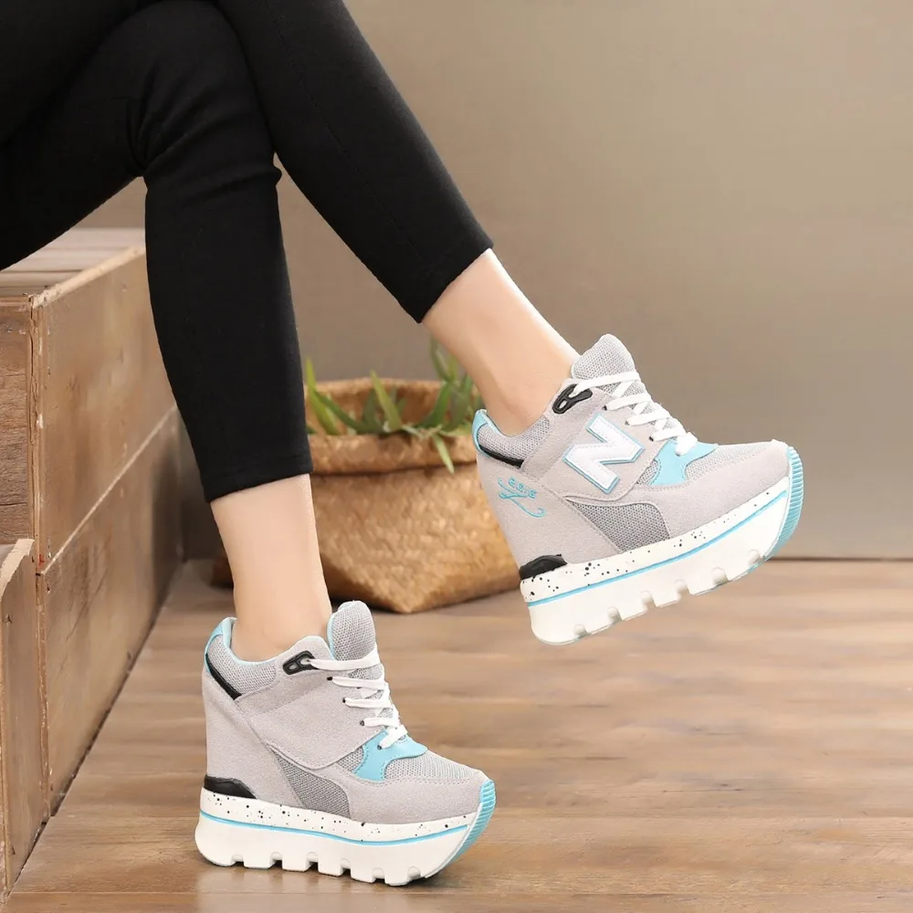 2019 Woman Platform Shoes Hidden Heel Height Increasing Mesh Casual Wedges Shoes Female Chaussure Femme 11cm Heels Sneakers