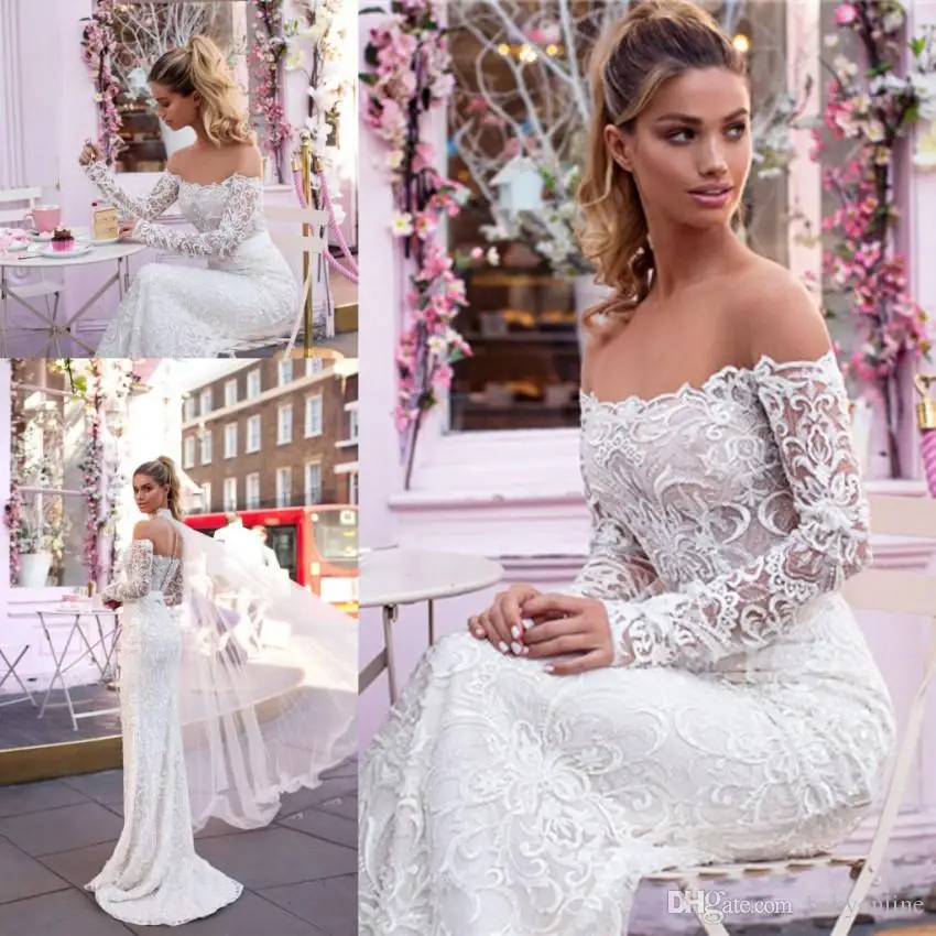 Romantic Lace Mermaid Wedding Dresses 2019 New Sheer Long Sleeves Off Shoulder Appliques Robe de soriee Bridal Gowns | Свадьбы и