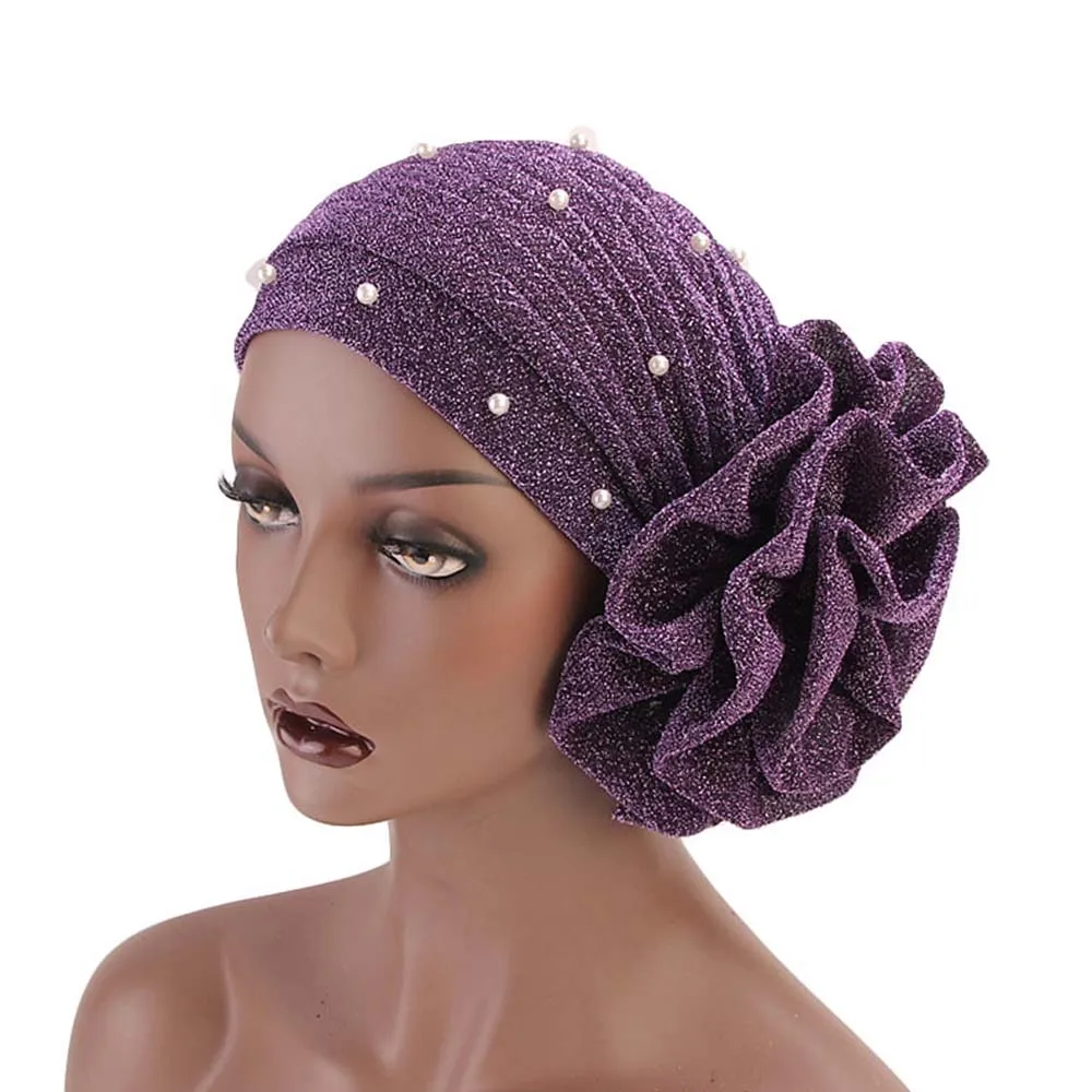 Для женщин эластичный цветок шляпу мусульманской головной убор хиджаб chemo Рак выпадения волос колпак для головы шарф Pearl Яркий шелковый