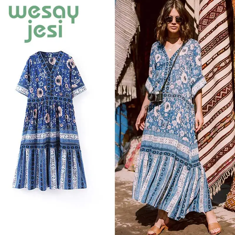 

Summer dress Bohemia style 2019 vintage Sweet half sleeve girls vestidos V-neck button casual chic dresses
