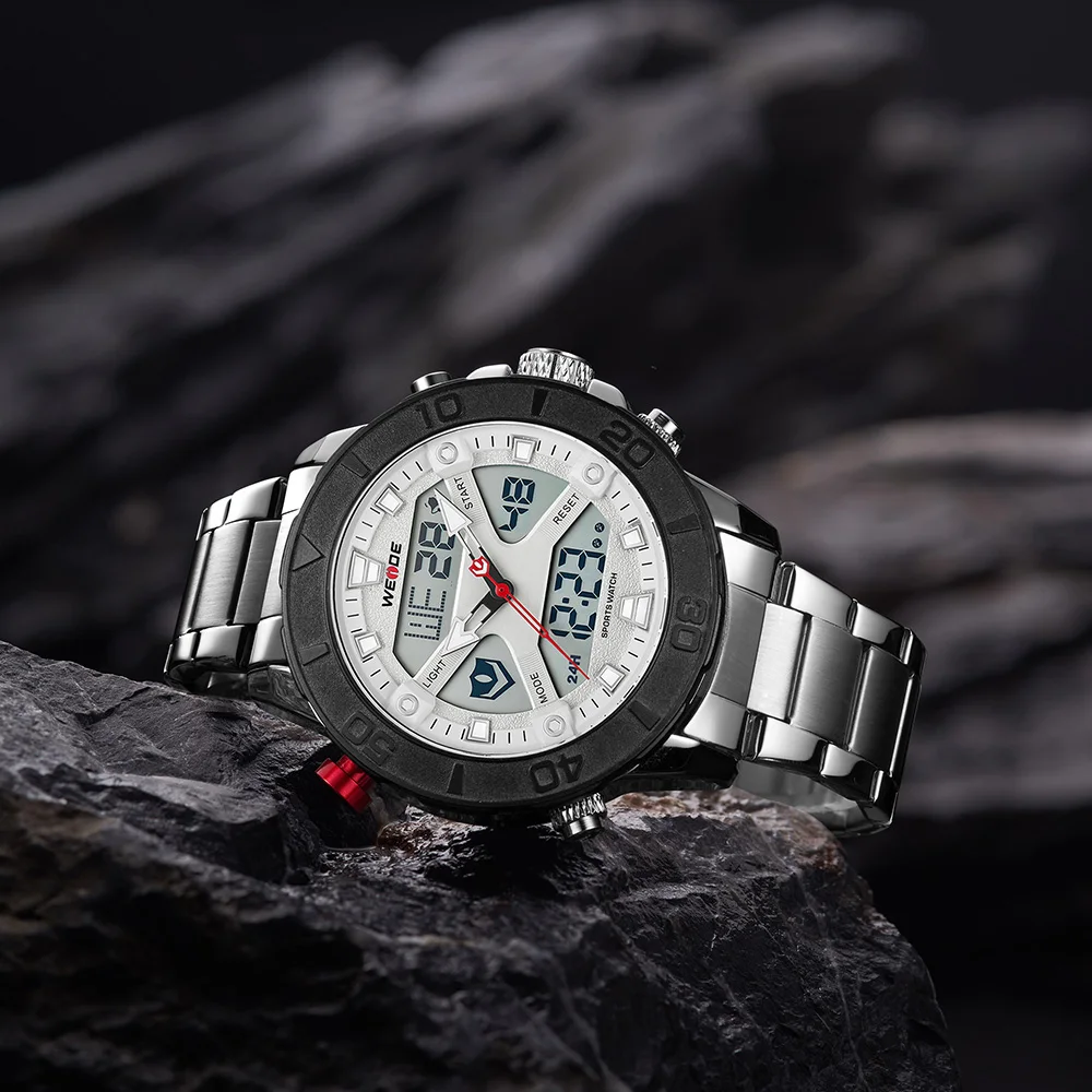 Модные брендовые мужские часы WEIDE светодиодный водонепроницаемый полностью стальной Мужские часы военные кварцевые цифровые мужские спортивные часы Relogio Masculino