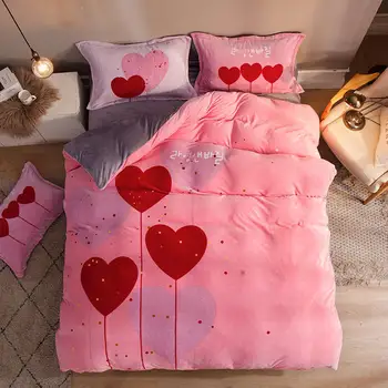 

Fine flannel Bedding Set Pink Free heart Bed Set luxury Thicken Duvet Cover Set Bed Sheet Pillowcases Twin Queen size bed