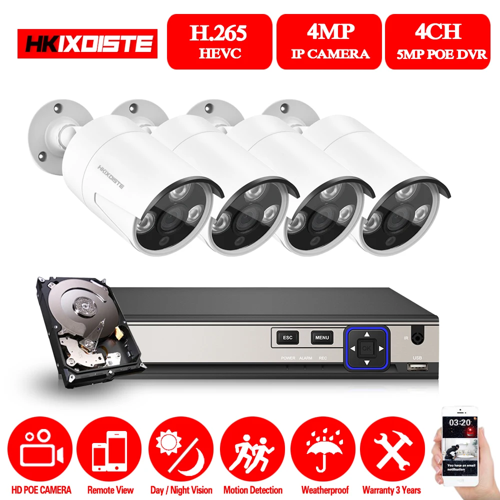 Система наружного видеонаблюдения HKIXDISTE 4 канальная 5 МП 4K HDMI POE NVR IP камера