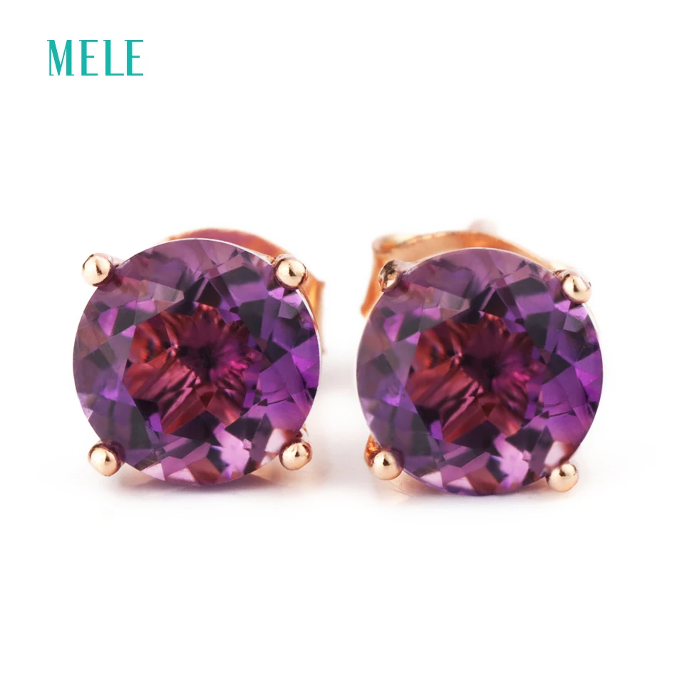 Серьги MELE из серебра с натуральным аметистом круглые 6 мм * темно фиолетового