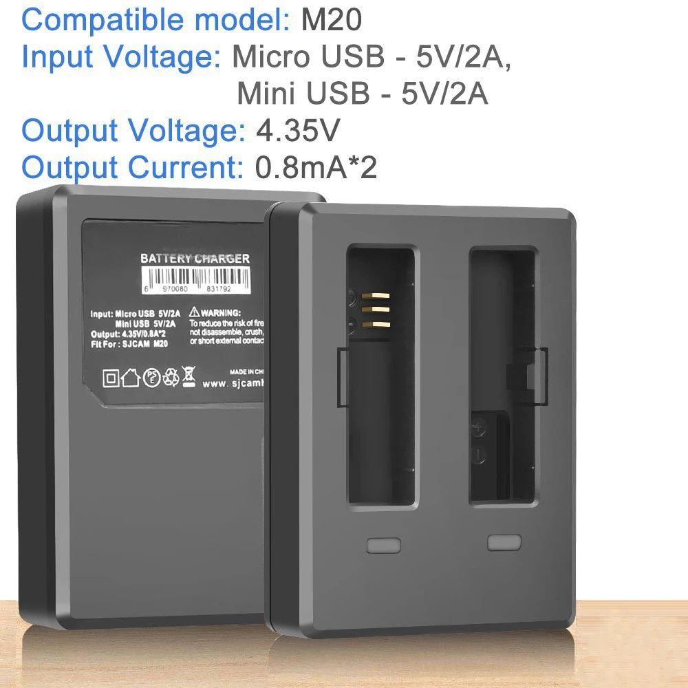 Зарядное устройство M20 с двумя слотами для путешествий, зарядное устройство с 2 батареями M20 для SJCAM M20 с usb-кабелем