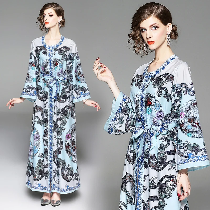 

2019 Spring Summer Fall Runway Retro Baroque Print Sashes Long Sleeve Crew Neck Women Party Casual Empire Waist Maxi Loose Dress