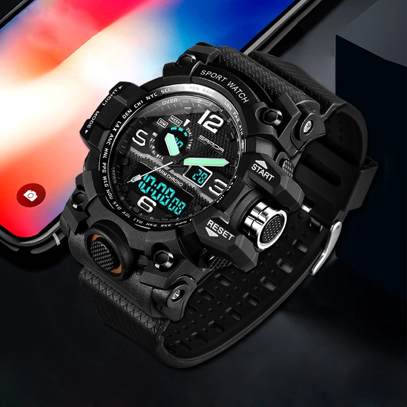 SANDA Sport Watch Men Dual Display Wristwatch Led Electronic Quartz