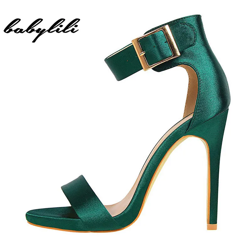 

Woman Sandals 2019 Summer Satin 11cm High Heels Fetish Quality Silk Sandals Female Gladiator Cheap Shoes Lady Green Sexy Pumps