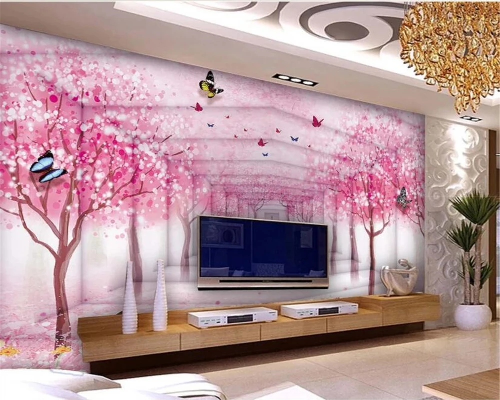 パノラマ3d壁紙 大きな壁のパターン かわいい花 蝶 ピンク 桜 子供部屋用 壁紙 Aliexpress
