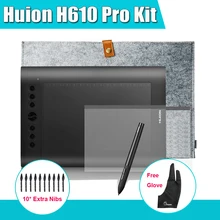 Big discount Huion H610 Pro Art Graphics Drawing Digital Tablet Kit + Protective Film +15-inch Wool Liner Bag + Parblo Glove 10 Extra Nibs
