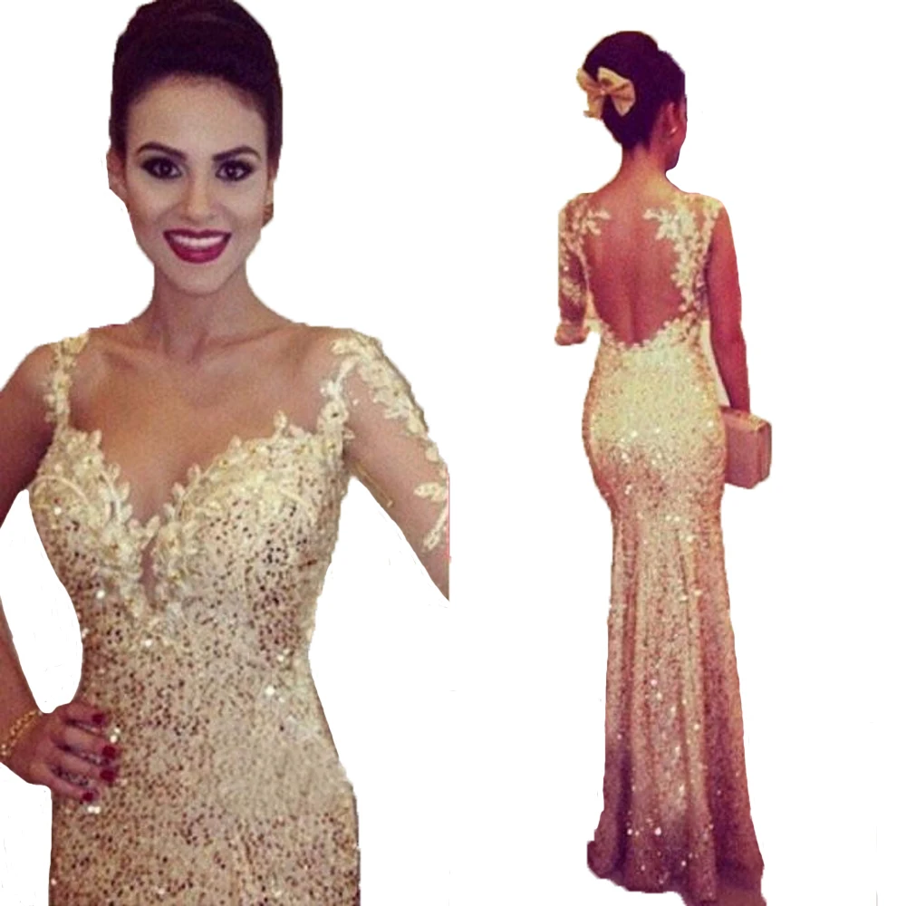 gold sheer prom dress