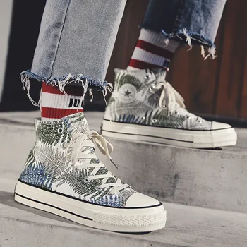 

Brand Designer 2019 summer high canvas shoes men fashion trend wild personality breathable lace up round head wear shoes