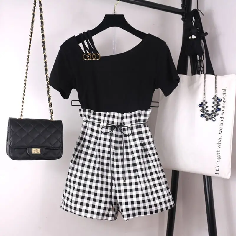 

Sannian Ins 2019 Korean Spring And Summer Casual Suit Women's High-waisted Shorts Two-piece Set O-neck