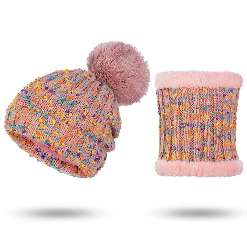 Комплект из 2 предметов, зимняя шапка, шарф для женщин, шапка и шарф с помпонами, вязаные шапки, зимний женский плотный шарф и шарф - Цвет: Pink