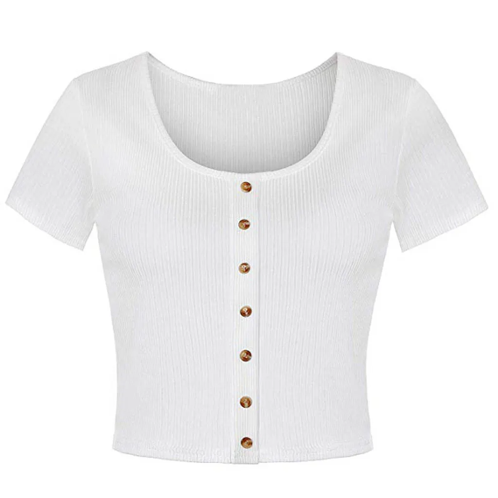 

Women Button Pure Color T-shirt Sexy Slim Short Simple T-shirts O-Neck Short Sleeve T-Shirt TopsVestidos De Verao #SYS