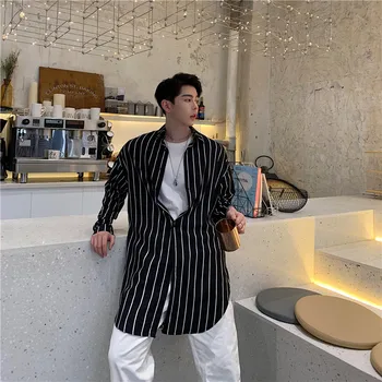 

Male Striped Long Sleeve Shirt Style Beach Outerwear Cardigan Men Streetwear Hip Hop Loose Casual Long Shirts