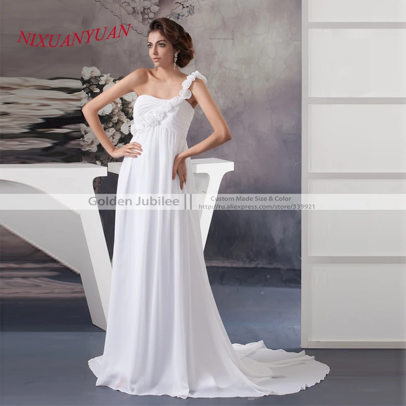 Top-מדורג שמלת שיפון קו כתף אחת זול שמלות הכלה Custom Made חוף שמלות כלה Vestidos דה פשוט Novia