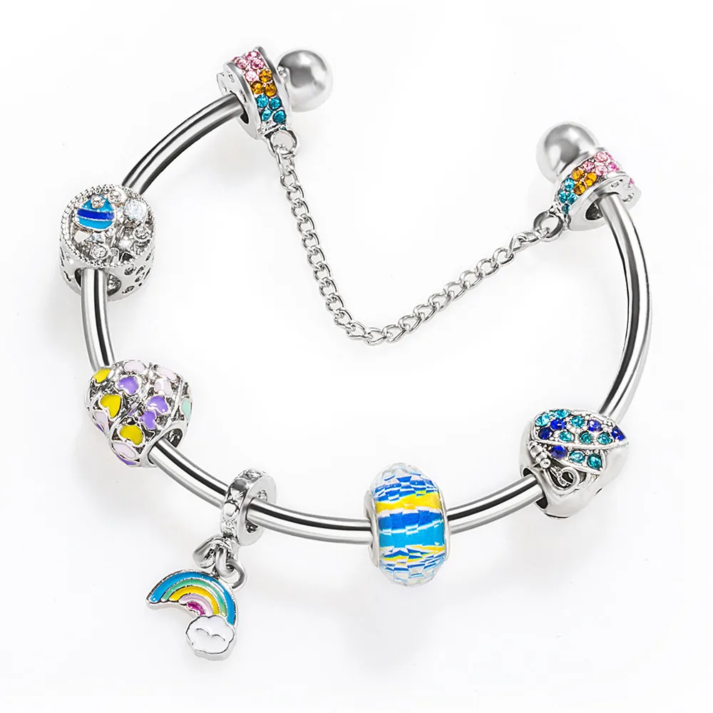 

Fashion European Beads Bracelet Vintage DIY Crystal Silver Jewelry Snake Chain Charm Bracelets for Women BS229