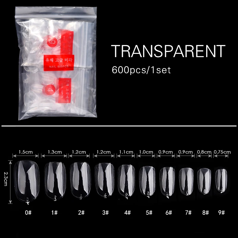 600 шт накладные ногти акриловые накладные ногти поддельные украшения для ногтей своими руками советы полная круглая скатерть инструменты для маникюра 10 размеров - Цвет: Transparent