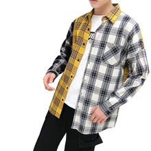 Новинка г. для мужчин Повседневная футболка с длинными рукавами в Корейском стиле клетчатые рубашки, для мужчин Harajuku мужчины хип-хоп Уличная одежда